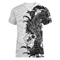 Hawaiian And Japanese Culture Women V-Neck T-Shirt Irezumi Dragon With Polynesian Pattern White - Polynesian Pride