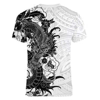 Hawaiian And Japanese Culture Women V-Neck T-Shirt Irezumi Dragon With Polynesian Pattern White - Polynesian Pride