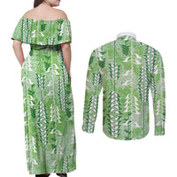 Green Hawaii Tapa Pattern Couples Matching Off Shoulder Maxi Dress and Long Sleeve Button Shirt With Heliconia Vintage Style LT05 - Polynesian Pride