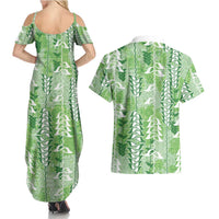 Green Hawaii Tapa Pattern Couples Matching Summer Maxi Dress and Hawaiian Shirt With Heliconia Vintage Style LT05 - Polynesian Pride