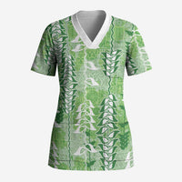 Green Hawaii Tapa Pattern Scrub Top With Heliconia Vintage Style LT05 Adult Green - Polynesian Pride