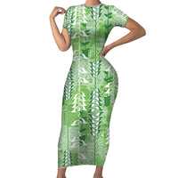 Green Hawaii Tapa Pattern Short Sleeve Bodycon Dress With Heliconia Vintage Style LT05 Long Dress Green - Polynesian Pride