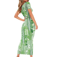 Green Hawaii Tapa Pattern Short Sleeve Bodycon Dress With Heliconia Vintage Style LT05 - Polynesian Pride