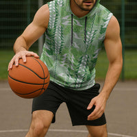 Green Hawaii Tapa Pattern Sleeveless Hoodie With Heliconia Vintage Style LT05 - Polynesian Pride