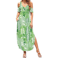 Green Hawaii Tapa Pattern Summer Maxi Dress With Heliconia Vintage Style LT05 Women Green - Polynesian Pride