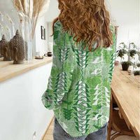 Green Hawaii Tapa Pattern Women Casual Shirt With Heliconia Vintage Style LT05 - Polynesian Pride