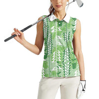 Green Hawaii Tapa Pattern Women Sleeveless Polo Shirt With Heliconia Vintage Style LT05 - Polynesian Pride