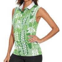 Green Hawaii Tapa Pattern Women Sleeveless Polo Shirt With Heliconia Vintage Style LT05 - Polynesian Pride