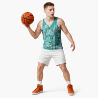Teal Hawaii Tapa Pattern Basketball Jersey With Heliconia Vintage Style LT05 - Polynesian Pride