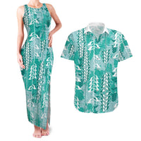 Teal Hawaii Tapa Pattern Couples Matching Tank Maxi Dress and Hawaiian Shirt With Heliconia Vintage Style LT05 Teal - Polynesian Pride