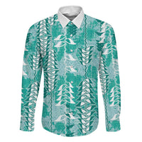 Teal Hawaii Tapa Pattern Family Matching Summer Maxi Dress and Hawaiian Shirt With Heliconia Vintage Style LT05 Dad's Shirt - Long Sleeve Teal - Polynesian Pride