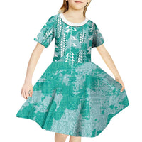 Teal Hawaii Tapa Pattern Kid Short Sleeve Dress With Heliconia Vintage Style LT05 - Polynesian Pride