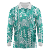 Teal Hawaii Tapa Pattern Long Sleeve Polo Shirt With Heliconia Vintage Style LT05 Teal - Polynesian Pride