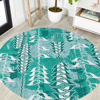 Teal Hawaii Tapa Pattern Round Carpet With Heliconia Vintage Style LT05 Teal - Polynesian Pride