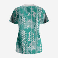 Teal Hawaii Tapa Pattern Scrub Top With Heliconia Vintage Style LT05 - Polynesian Pride