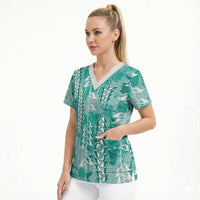 Teal Hawaii Tapa Pattern Scrub Top With Heliconia Vintage Style LT05 - Polynesian Pride
