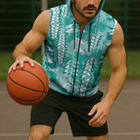 Teal Hawaii Tapa Pattern Sleeveless Zip Hoodie With Heliconia Vintage Style LT05 - Polynesian Pride