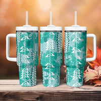 Teal Hawaii Tapa Pattern Tumbler With Handle With Heliconia Vintage Style LT05 - Polynesian Pride