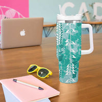 Teal Hawaii Tapa Pattern Tumbler With Handle With Heliconia Vintage Style LT05 - Polynesian Pride