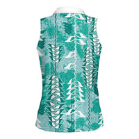 Teal Hawaii Tapa Pattern Women Sleeveless Polo Shirt With Heliconia Vintage Style LT05 - Polynesian Pride