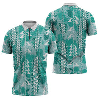 Teal Hawaii Tapa Pattern Zipper Polo Shirt With Heliconia Vintage Style LT05 - Polynesian Pride