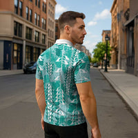 Teal Hawaii Tapa Pattern Zipper Polo Shirt With Heliconia Vintage Style LT05 - Polynesian Pride