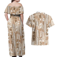 Beige Hawaii Tapa Pattern Couples Matching Off Shoulder Maxi Dress and Hawaiian Shirt With Heliconia Vintage Style LT05 - Polynesian Pride