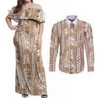 Beige Hawaii Tapa Pattern Couples Matching Off Shoulder Maxi Dress and Long Sleeve Button Shirt With Heliconia Vintage Style LT05 Beige - Polynesian Pride