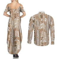 Beige Hawaii Tapa Pattern Couples Matching Summer Maxi Dress and Long Sleeve Button Shirt With Heliconia Vintage Style LT05 - Polynesian Pride