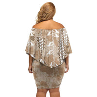Beige Hawaii Tapa Pattern Off Shoulder Short Dress With Heliconia Vintage Style LT05 - Polynesian Pride