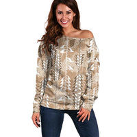 Beige Hawaii Tapa Pattern Off Shoulder Sweater With Heliconia Vintage Style LT05 Women Beige - Polynesian Pride
