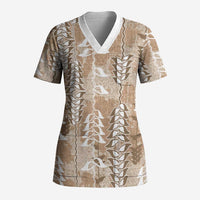 Beige Hawaii Tapa Pattern Scrub Top With Heliconia Vintage Style LT05 Adult Beige - Polynesian Pride