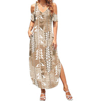 Beige Hawaii Tapa Pattern Summer Maxi Dress With Heliconia Vintage Style LT05 Women Beige - Polynesian Pride