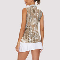 Beige Hawaii Tapa Pattern Women Sleeveless Polo Shirt With Heliconia Vintage Style LT05 - Polynesian Pride