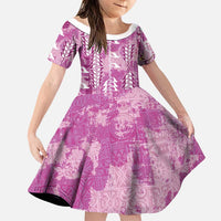 Magenta Hawaii Tapa Pattern Family Matching Summer Maxi Dress and Hawaiian Shirt With Heliconia Vintage Style LT05 Daughter's Dress Magenta - Polynesian Pride