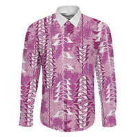 Magenta Hawaii Tapa Pattern Family Matching Tank Maxi Dress and Hawaiian Shirt With Heliconia Vintage Style LT05 Dad's Shirt - Long Sleeve Magenta - Polynesian Pride