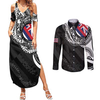 Hawaii Flag Day Couples Matching Summer Maxi Dress and Long Sleeve Button Shirt Hawaiian Maile Lei LT05 Black - Polynesian Pride