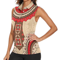 Samoa Language Week Women Sleeveless Polo Shirt Samoan Motif With Red Hibiscus LT05 - Polynesian Pride