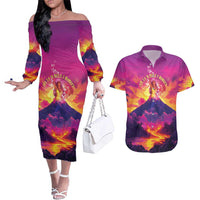 Hawaii Kilauea Volcano Couples Matching Off The Shoulder Long Sleeve Dress and Hawaiian Shirt There Is Pele Goddess Of The Volcano - Polynesian Pride