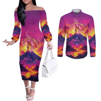 Hawaii Kilauea Volcano Couples Matching Off The Shoulder Long Sleeve Dress and Long Sleeve Button Shirt There Is Pele Goddess Of The Volcano - Polynesian Pride