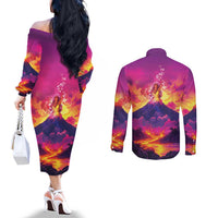 Hawaii Kilauea Volcano Couples Matching Off The Shoulder Long Sleeve Dress and Long Sleeve Button Shirt There Is Pele Goddess Of The Volcano - Polynesian Pride