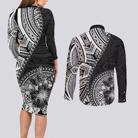 Hibiscus With Black Austronesian Tattoo Pattern Couples Matching Long Sleeve Bodycon Dress and Long Sleeve Button Shirt - Polynesian Pride