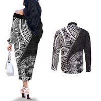 Hibiscus With Black Austronesian Tattoo Pattern Couples Matching Off The Shoulder Long Sleeve Dress and Long Sleeve Button Shirt - Polynesian Pride