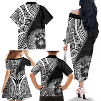 Hibiscus With Black Austronesian Tattoo Pattern Family Matching Off The Shoulder Long Sleeve Dress and Hawaiian Shirt - Polynesian Pride