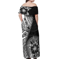 Hibiscus With Black Austronesian Tattoo Pattern Off Shoulder Maxi Dress - Polynesian Pride