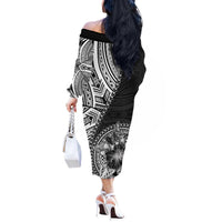 Hibiscus With Black Austronesian Tattoo Pattern Off The Shoulder Long Sleeve Dress LT05 - Polynesian Pride