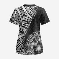 Hibiscus With Black Austronesian Tattoo Pattern Scrub Top - Polynesian Pride