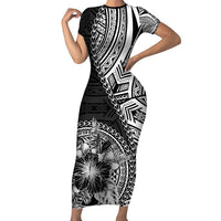 Hibiscus With Black Austronesian Tattoo Pattern Short Sleeve Bodycon Dress LT05 Long Dress Black - Polynesian Pride