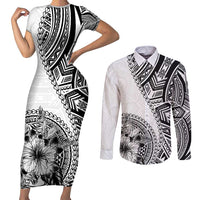 Hibiscus With White Austronesian Tattoo Pattern Couples Matching Short Sleeve Bodycon Dress and Long Sleeve Button Shirt - Polynesian Pride