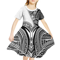 Hibiscus With White Austronesian Tattoo Pattern Kid Short Sleeve Dress - Polynesian Pride